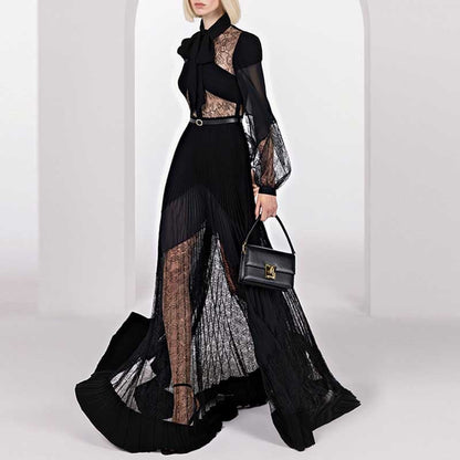 Women's Collared Lace Pleated Long Dress in Black