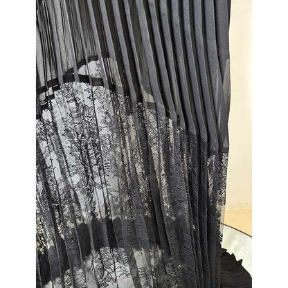 Women's Collared Lace Pleated Long Dress in Black