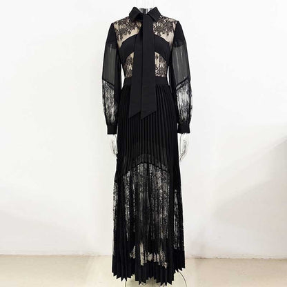 Women's Collared Lace Pleated Long Dress in Black