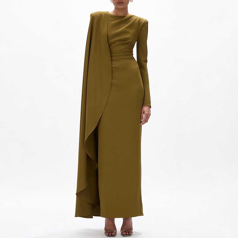 Pleated Round Neck Cape Maxi Dress in Green