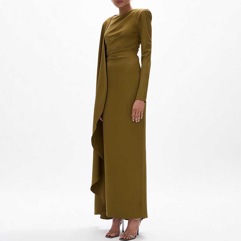 Pleated Round Neck Cape Maxi Dress in Green