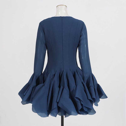 Pleated Square-Neck Ruffles Mini Dress Lotus Sleeves
