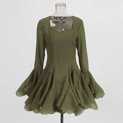 Pleated Square-Neck Ruffles Mini Dress Lotus Sleeves