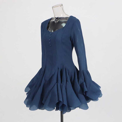 Pleated Square-Neck Ruffles Mini Dress Lotus Sleeves