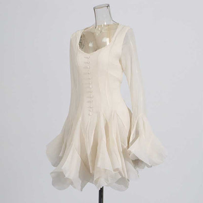 Pleated Square-Neck Ruffles Mini Dress Lotus Sleeves