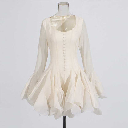 Pleated Square-Neck Ruffles Mini Dress Lotus Sleeves