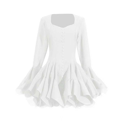 Pleated Square-Neck Ruffles Mini Dress Lotus Sleeves