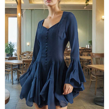 Pleated Square-Neck Ruffles Mini Dress Lotus Sleeves