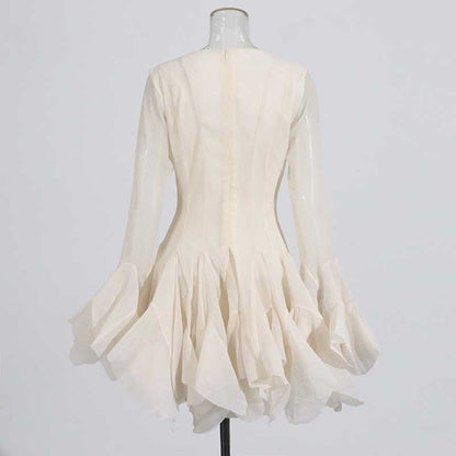 Pleated Square-Neck Ruffles Mini Dress Lotus Sleeves