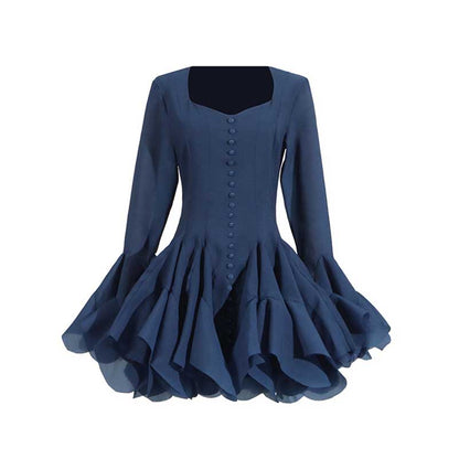 Pleated Square-Neck Ruffles Mini Dress Lotus Sleeves