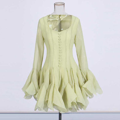 Pleated Square-Neck Ruffles Mini Dress Lotus Sleeves