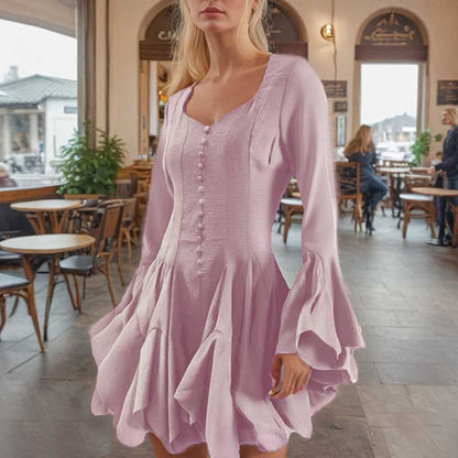Pleated Square-Neck Ruffles Mini Dress Lotus Sleeves