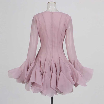 Pleated Square-Neck Ruffles Mini Dress Lotus Sleeves