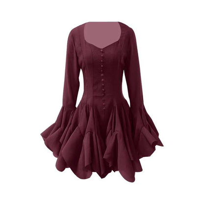 Pleated Square-Neck Ruffles Mini Dress Lotus Sleeves
