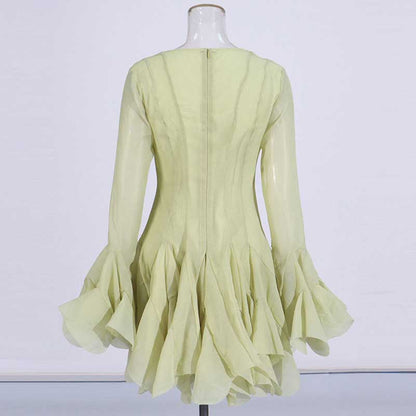 Pleated Square-Neck Ruffles Mini Dress Lotus Sleeves