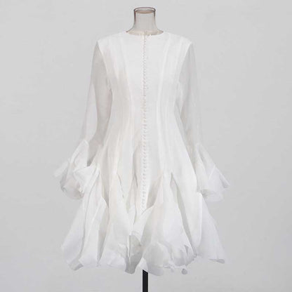 Pleated Mockneck Ruffles Midi Dress Lotus Sleeves