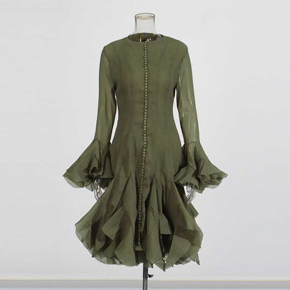 Pleated Mockneck Ruffles Midi Dress Lotus Sleeves