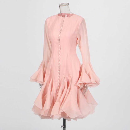 Pleated Mockneck Ruffles Midi Dress Lotus Sleeves