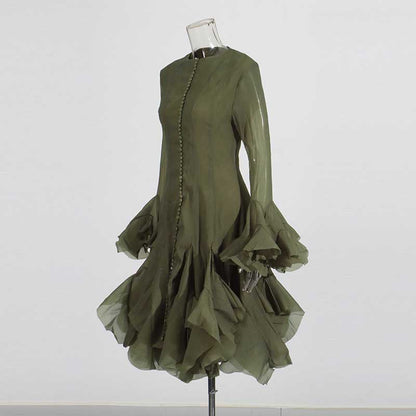 Pleated Mockneck Ruffles Midi Dress Lotus Sleeves