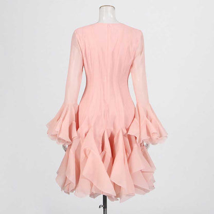 Pleated Mockneck Ruffles Midi Dress Lotus Sleeves