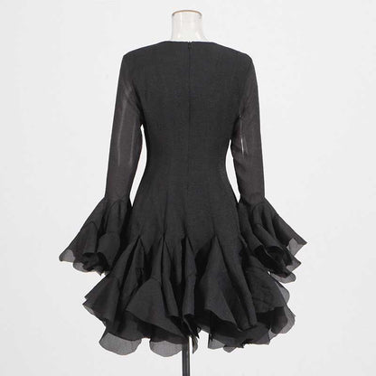 Pleated Mockneck Ruffles Midi Dress Lotus Sleeves