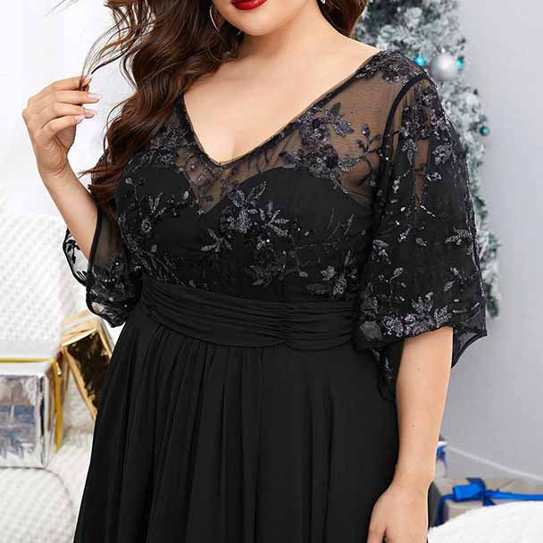 Plus Size Black Prom Dress Short Sleeve Bridesmaid Dress A-Line Evening Gown