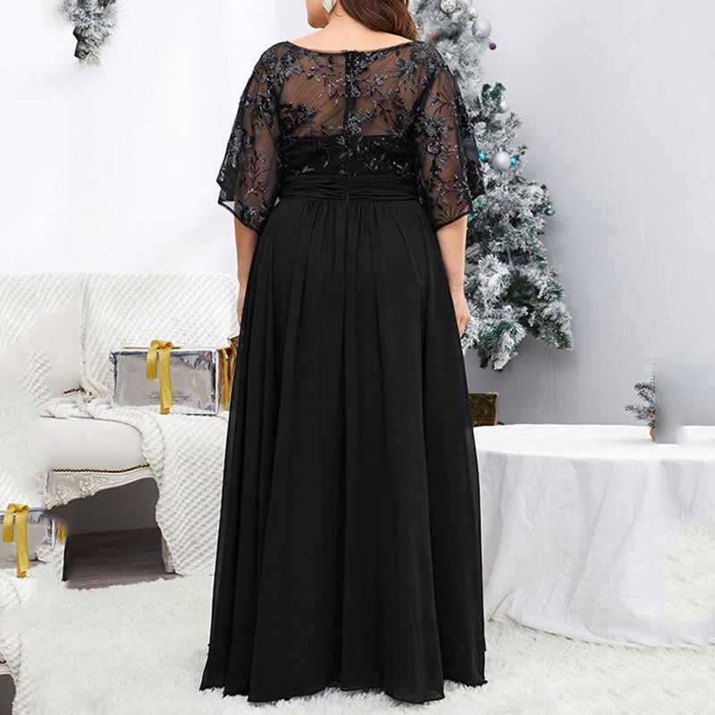 Plus Size Black Prom Dress Short Sleeve Bridesmaid Dress A-Line Evening Gown