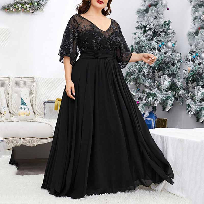 Plus Size Black Prom Dress Short Sleeve Bridesmaid Dress A-Line Evening Gown