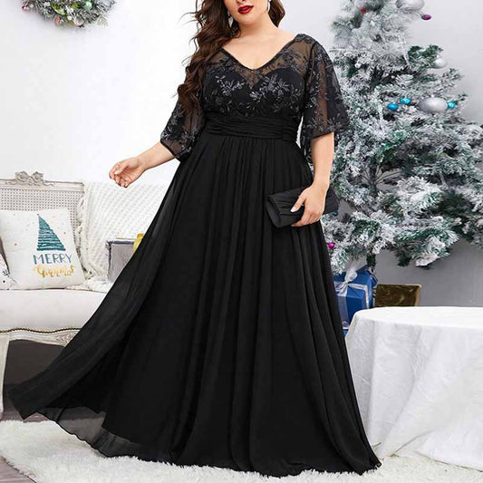 Plus Size Black Prom Dress Short Sleeve Bridesmaid Dress A-Line Evening Gown