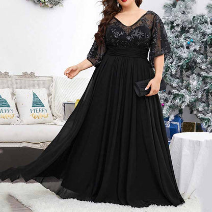 Plus Size Black Prom Dress Short Sleeve Bridesmaid Dress A-Line Evening Gown