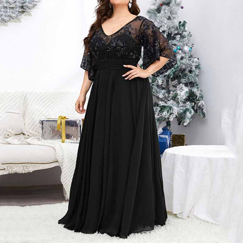 Plus Size Black Prom Dress Short Sleeve Bridesmaid Dress A-Line Evening Gown