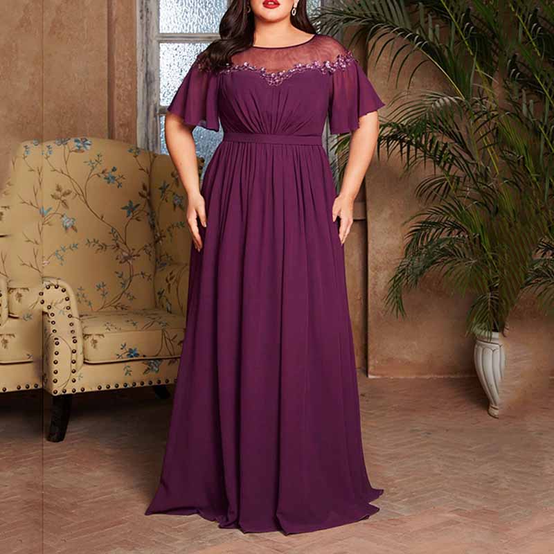 Plus Size Burgundy Bridesmaid Dress Short Sleeve A-Line Prom Gown