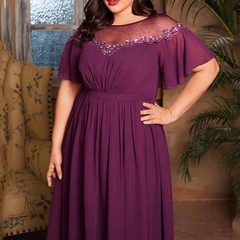 Plus Size Burgundy Bridesmaid Dress Short Sleeve A-Line Prom Gown