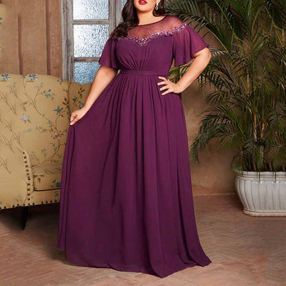 Plus Size Burgundy Bridesmaid Dress Short Sleeve A-Line Prom Gown