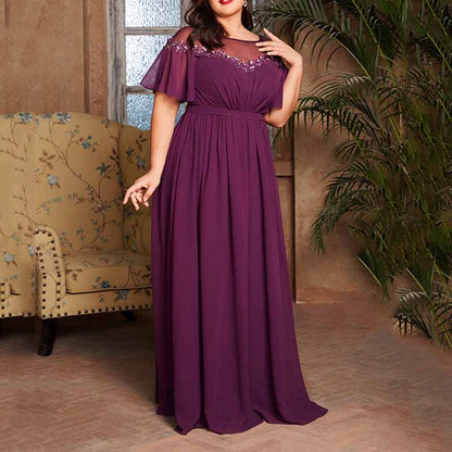 Plus Size Burgundy Bridesmaid Dress Short Sleeve A-Line Prom Gown