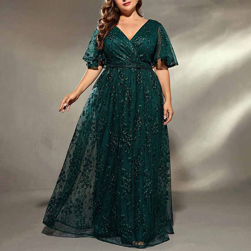 Plus Size Dark Green Embroidered Bridesmaid Dress A-Line Evening Prom Gown