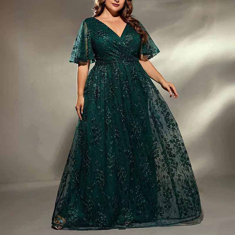 Plus Size Dark Green Embroidered Bridesmaid Dress A-Line Evening Prom Gown