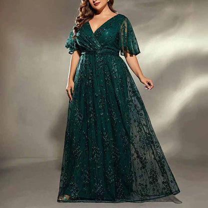 Plus Size Dark Green Embroidered Bridesmaid Dress A-Line Evening Prom Gown