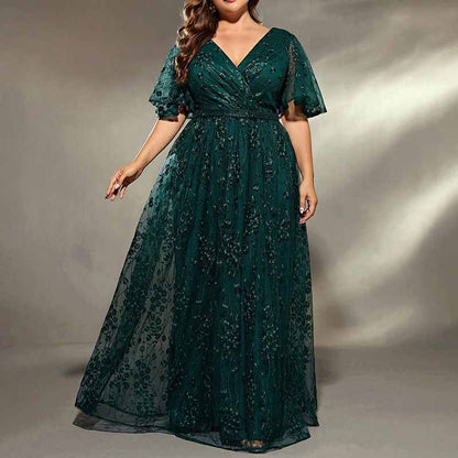 Plus Size Dark Green Embroidered Bridesmaid Dress A-Line Evening Prom Gown