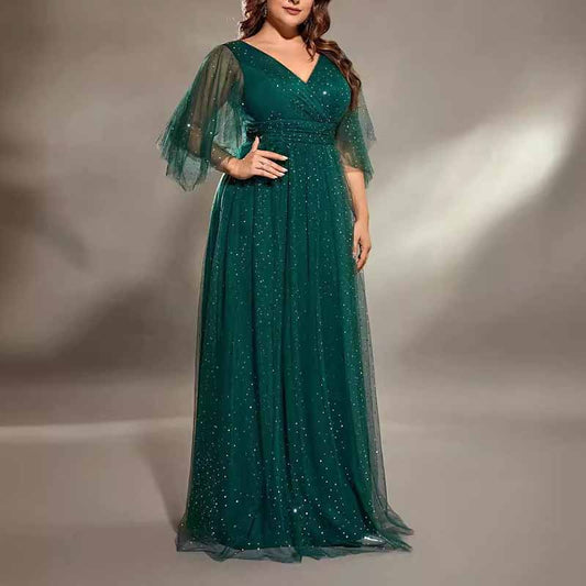 Plus Size Shiny Prom Dress Emerald Green Event Dress Half Sleeve A-Line Ball Gown