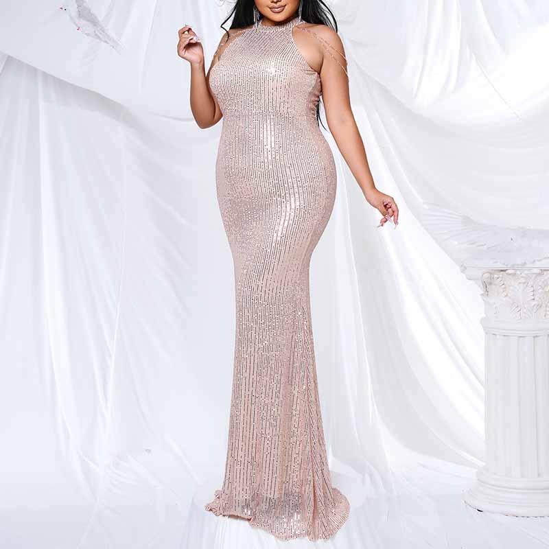 Plus Size Gold Sequin Bridesmaid Halter Dress Mermaid Long Prom Ball Gown