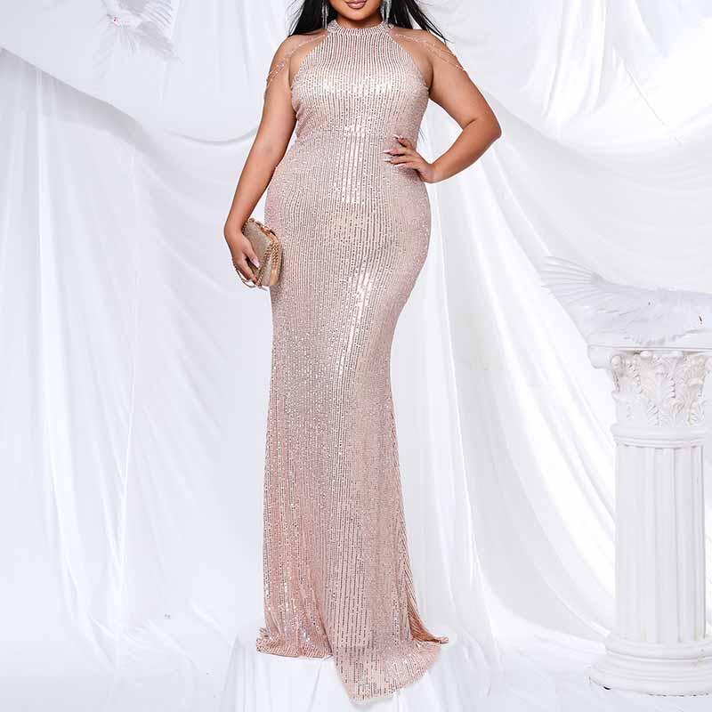 Plus Size Gold Sequin Bridesmaid Halter Dress Mermaid Long Prom Ball Gown