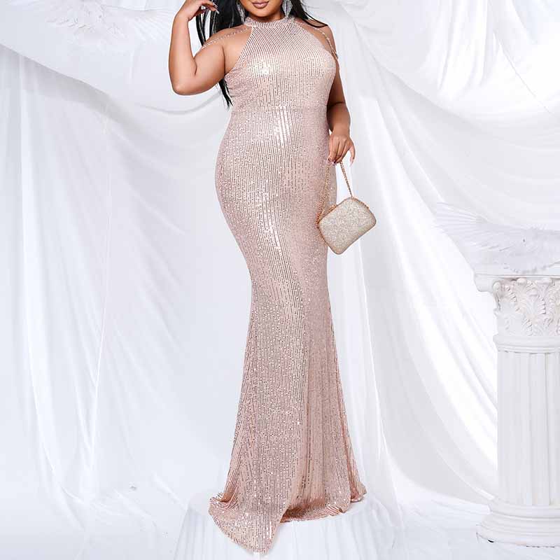 Plus Size Gold Sequin Bridesmaid Halter Dress Mermaid Long Prom Ball Gown