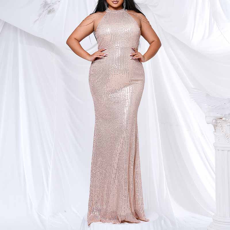 Plus Size Gold Sequin Bridesmaid Halter Dress Mermaid Long Prom Ball Gown