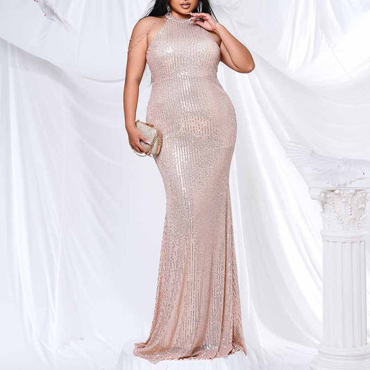 Plus Size Gold Sequin Bridesmaid Halter Dress Mermaid Long Prom Ball Gown