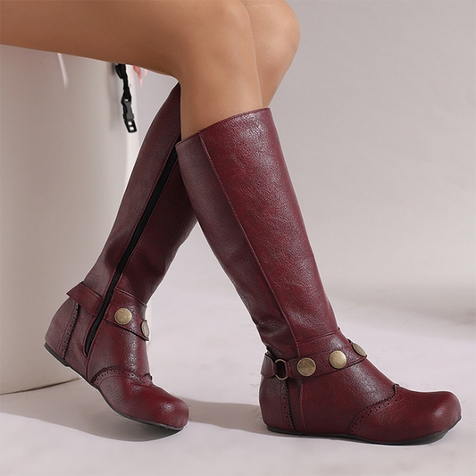 Burgundy plus size knee-high wedge boots with stylish button accents for comfortable wear