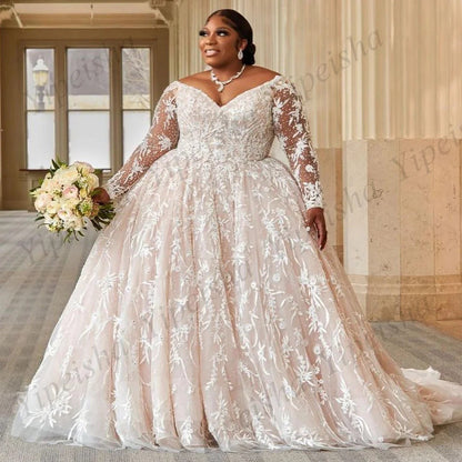Plus Size Lace Wedding Dress – Long Sleeve, V-Neck, Court Train