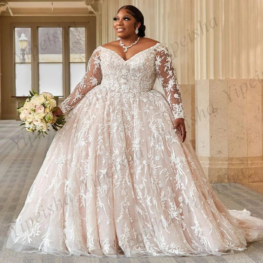Plus Size Lace Wedding Dress – Long Sleeve, V-Neck, Court Train
