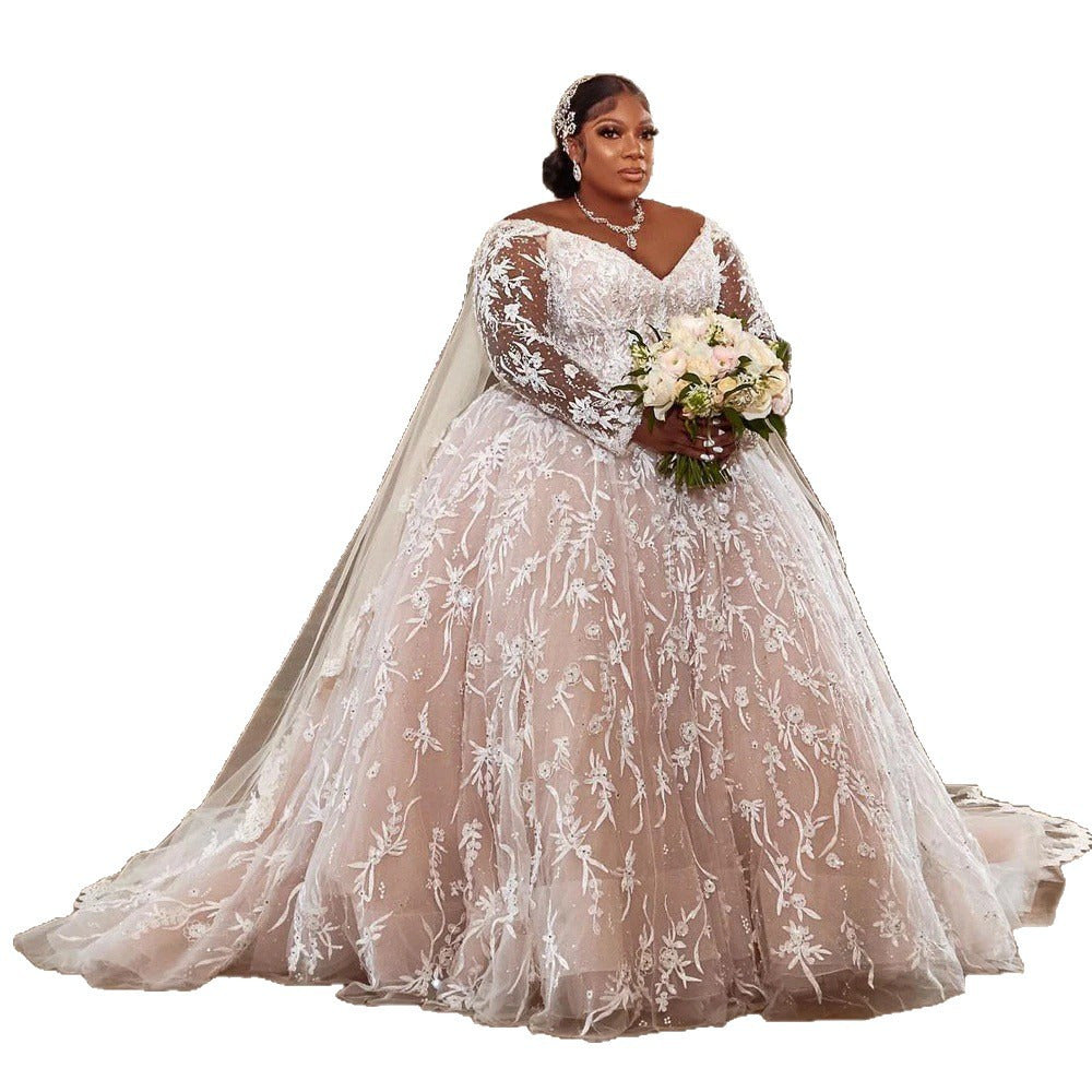 Plus Size Lace Wedding Dress – Long Sleeve, V-Neck, Court Train