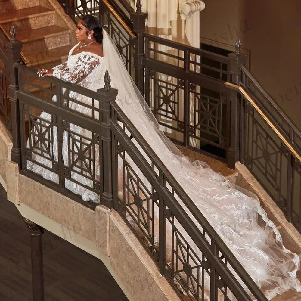Plus Size Lace Wedding Dress – Long Sleeve, V-Neck, Court Train